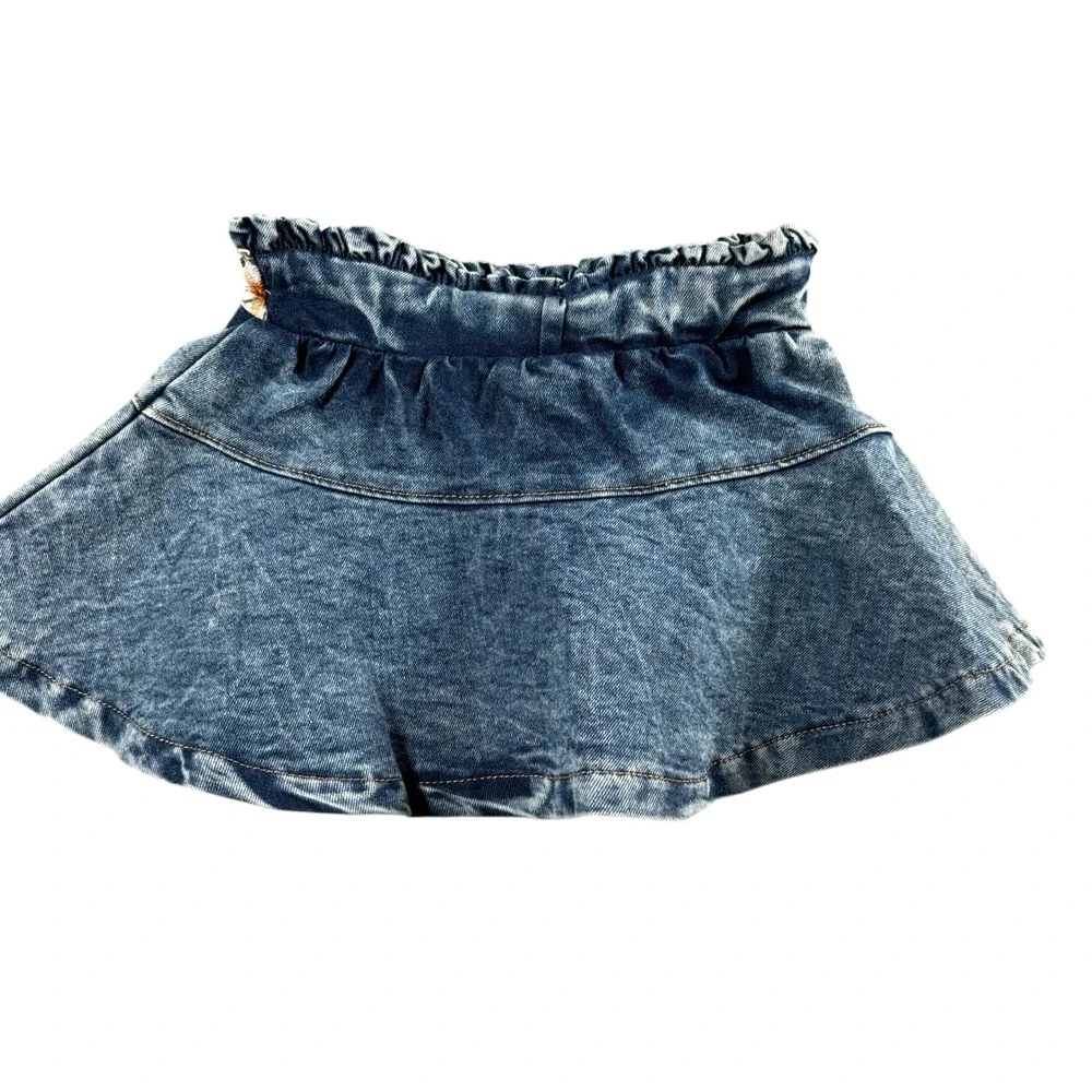 VTG Little Lass Baby Blue Acid‎ Wash Denim Skirt Floral Bow 12M Cottagecore Boho